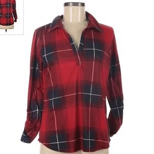 Always Indigo Red Plaid Pullover Shirt Women's Medium M Fall Rolltab Sleeve EUC
